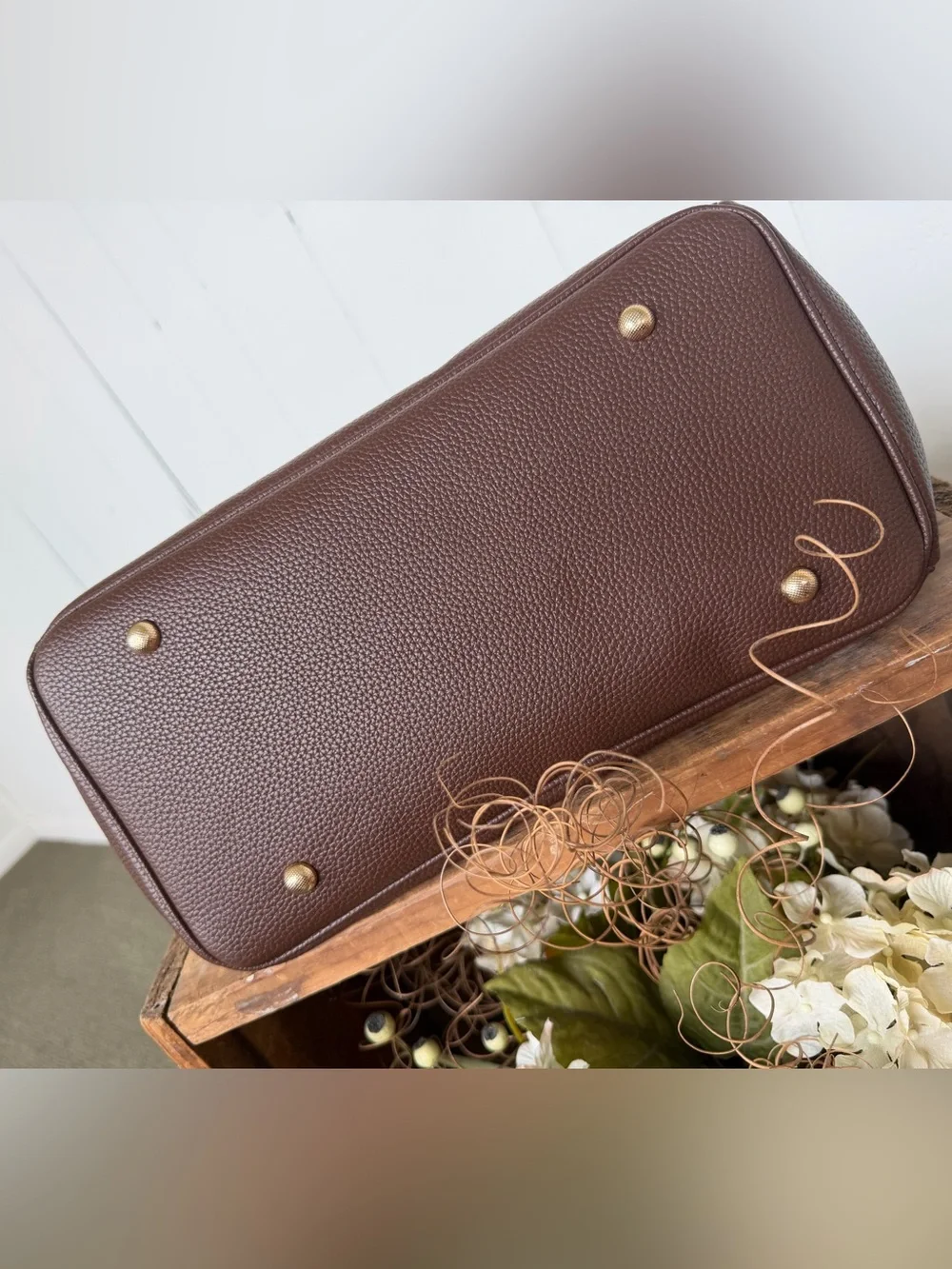 Newbella Brown Pebbled Leather Satchel with Gold Accents